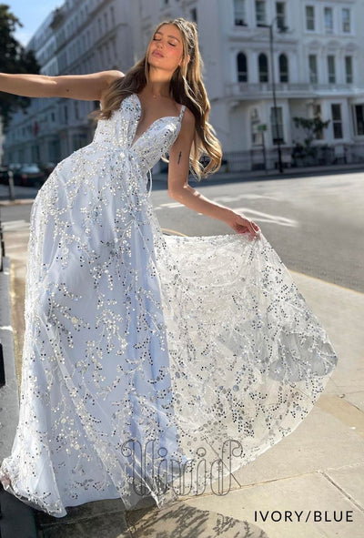 Jadore Vidia Gown JP129 in Ivory/Blue / Whites