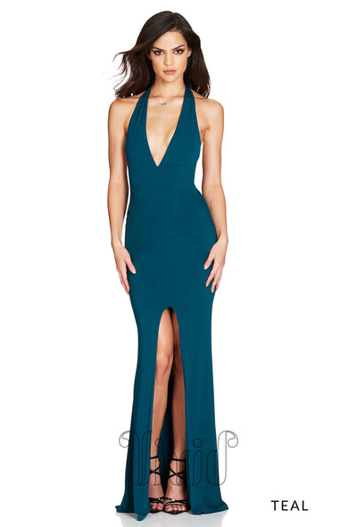 Nookie Illegal Halter Gown in Teal / Greens